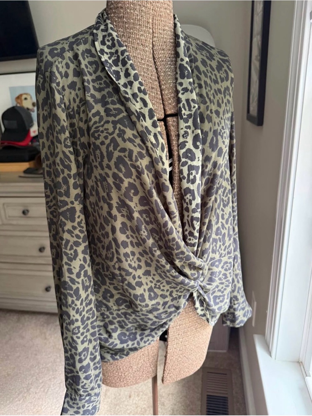 Express Olive Green Leopard Print Twist-Front Blouse